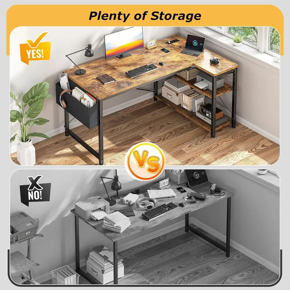 Brown Corner L-Shaped Computer Desk with Power Outlets and Reversible Storage, Ideal for Small Home Office Spaces Customized