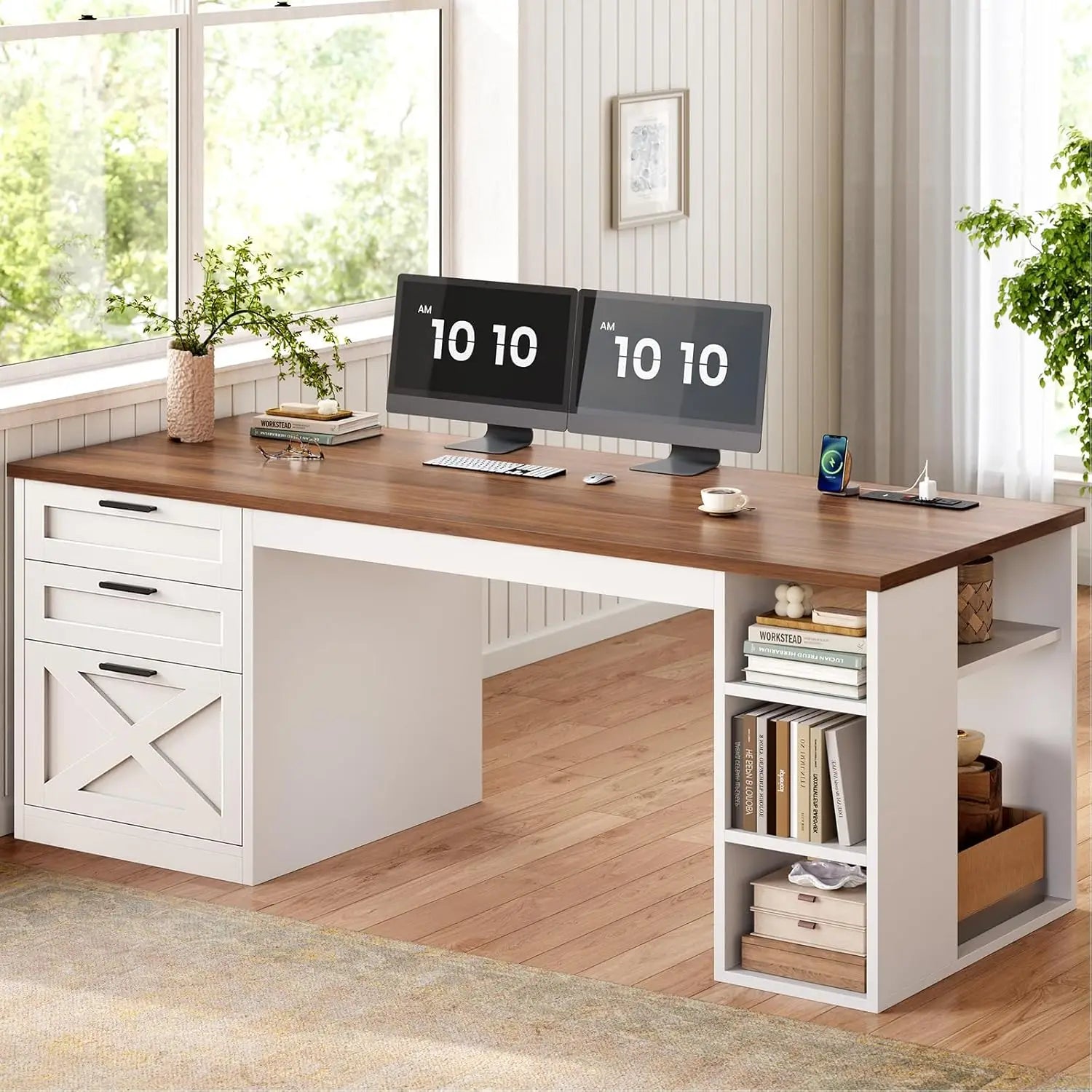 55.1" Executive Office Desk with 3 Drawers, Farmhouse Computer Desk with File Drawer & Storage Shelves, Home Office, Customized