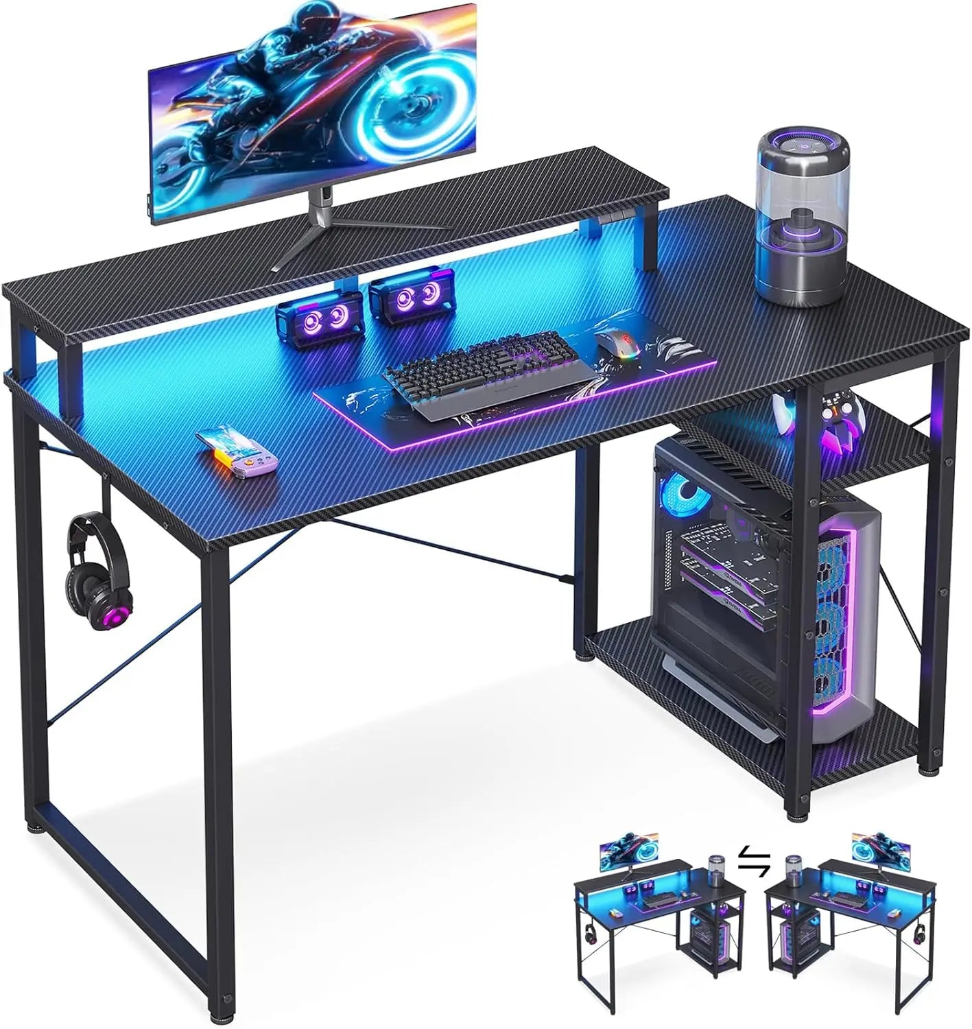 40-Inch Gaming Desk with LED Lights, Storage Shelf & Monitor Stand - Compact Carbon Fiber Design