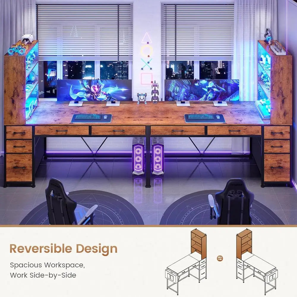 5-Drawer Rustic Brown Desk with Bookshelf and LED Lights, Compact Home Office Gaming Corner Desk with Storage Customized