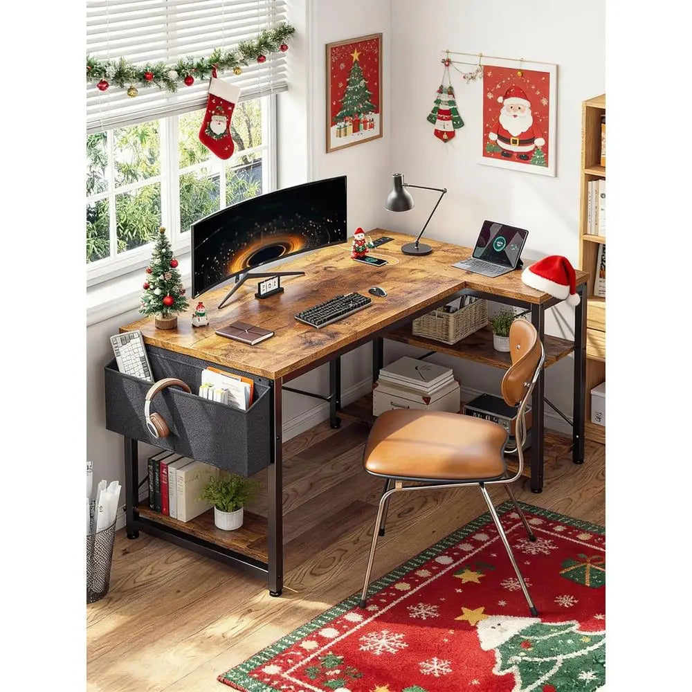 Brown Corner L-Shaped Computer Desk with Power Outlets and Reversible Storage, Ideal for Small Home Office Spaces Customized