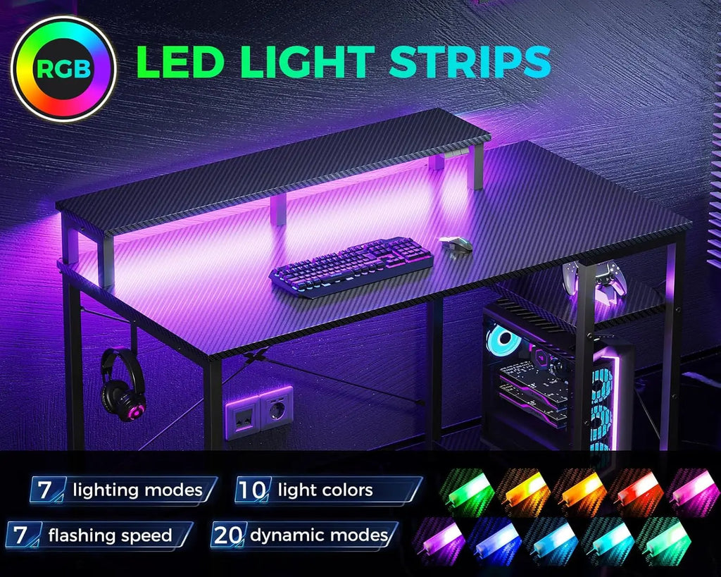 40-Inch Gaming Desk with LED Lights, Storage Shelf & Monitor Stand - Compact Carbon Fiber Design