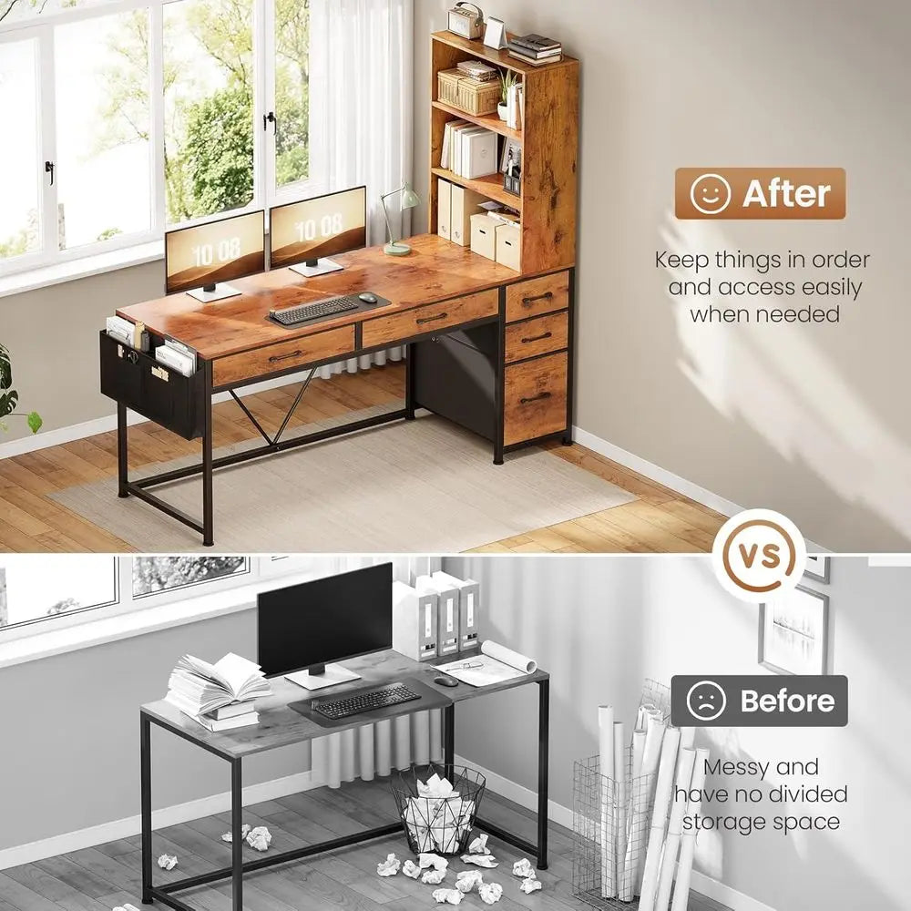 5-Drawer Rustic Brown Desk with Bookshelf and LED Lights, Compact Home Office Gaming Corner Desk with Storage Customized