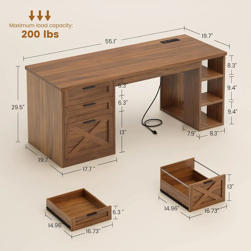 55.1" Executive Office Desk with 3 Drawers, Farmhouse Computer Desk with File Drawer & Storage Shelves, Home Office, Customized