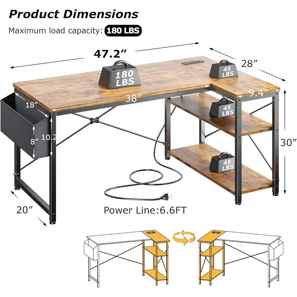 Brown Corner L-Shaped Computer Desk with Power Outlets and Reversible Storage, Ideal for Small Home Office Spaces Customized