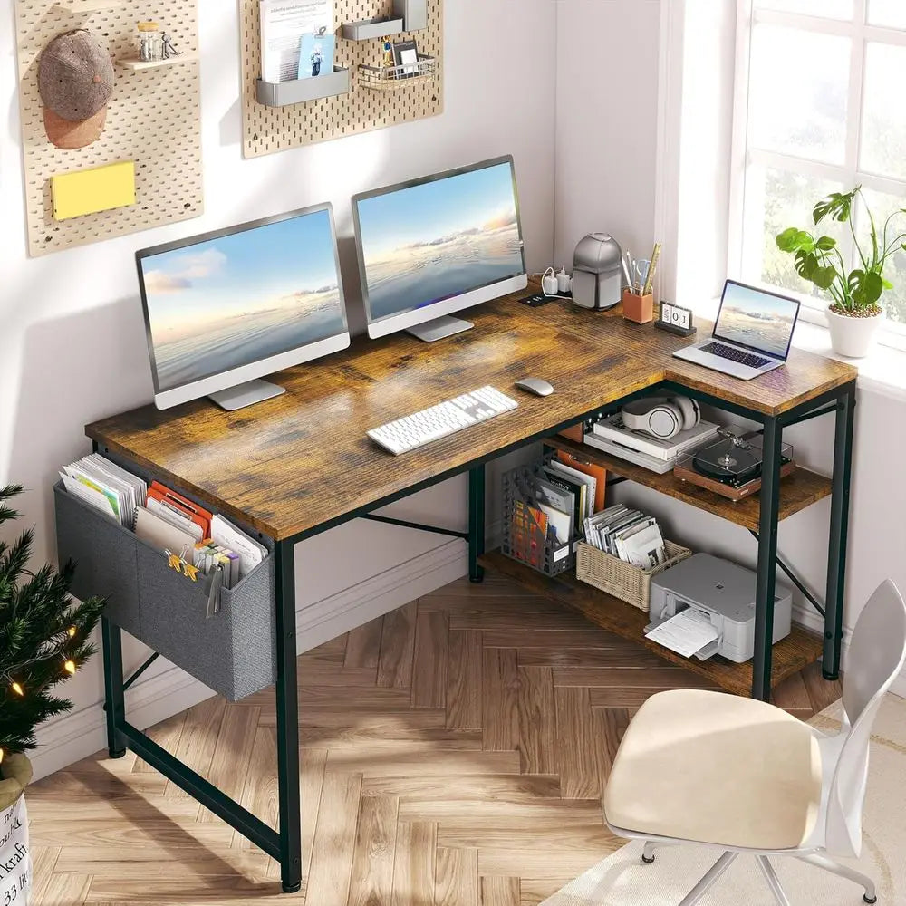Brown Corner L-Shaped Computer Desk with Power Outlets and Reversible Storage, Ideal for Small Home Office Spaces Customized