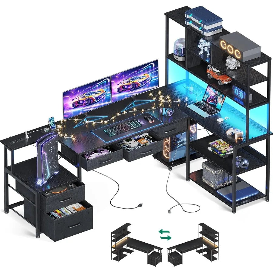 71 inch L Shaped Desk with 5 Drawers Reversible L Shaped Gaming Desk with LED Light 2 Power Outlets Computer Desk with Storage