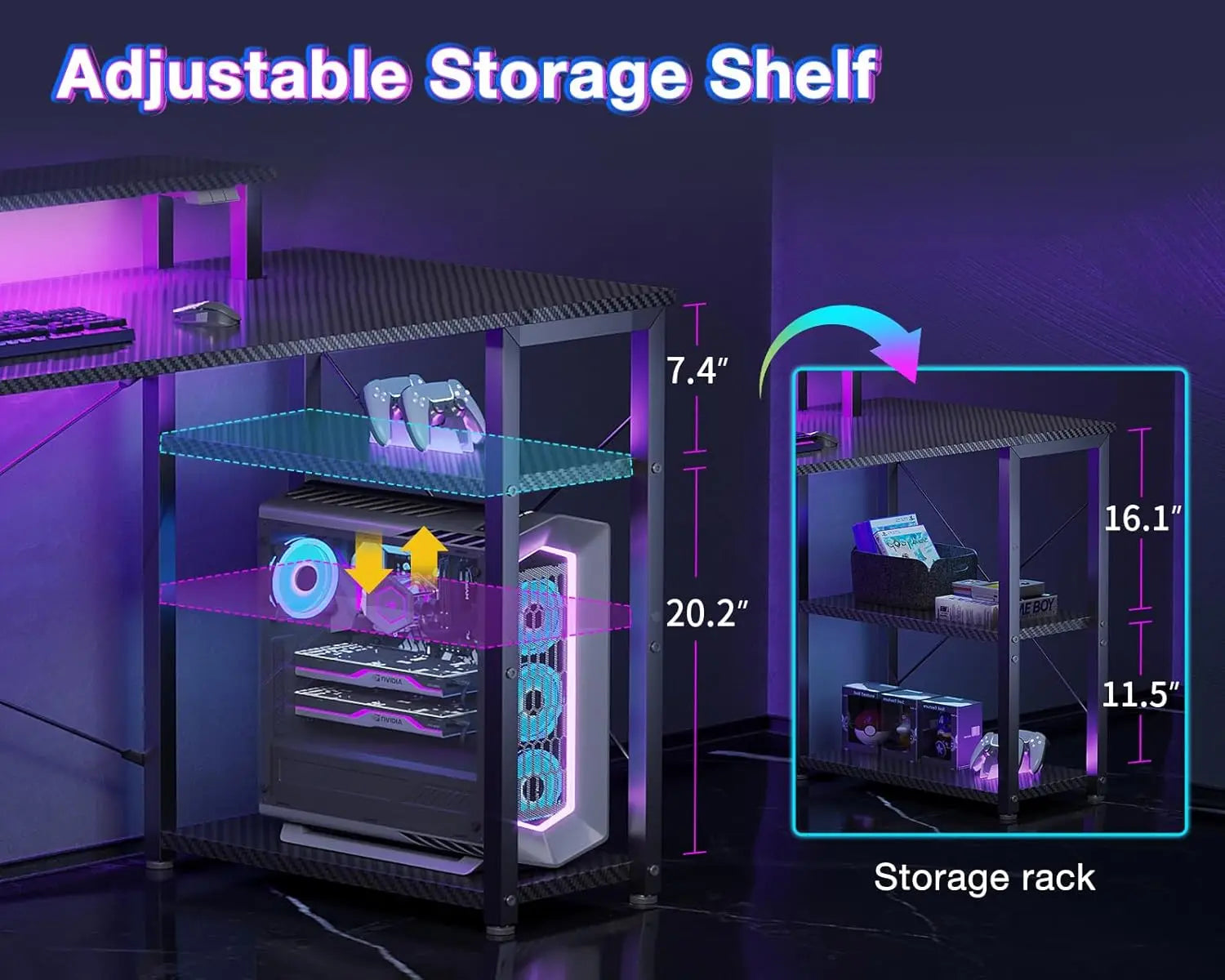 40-Inch Gaming Desk with LED Lights, Storage Shelf & Monitor Stand - Compact Carbon Fiber Design