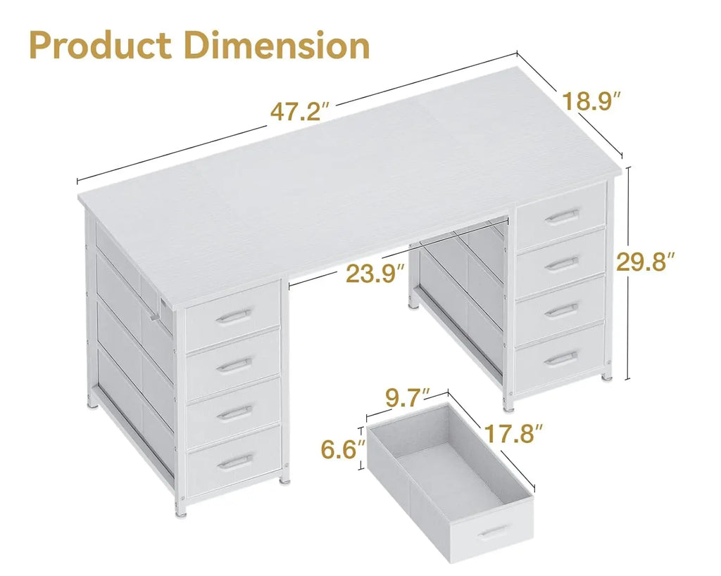 48 Inch White Computer Desk with 8 Fabric Drawers, Modern Office Desk with Large Storage for Home Office, Study, Gaming, White