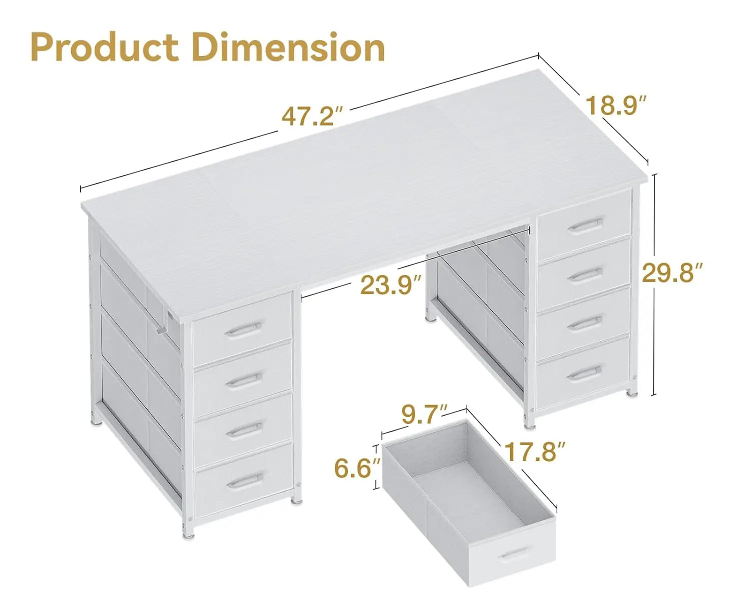 48 Inch White Computer Desk with 8 Fabric Drawers, Modern Office Desk with Large Storage for Home Office, Study, Gaming, White