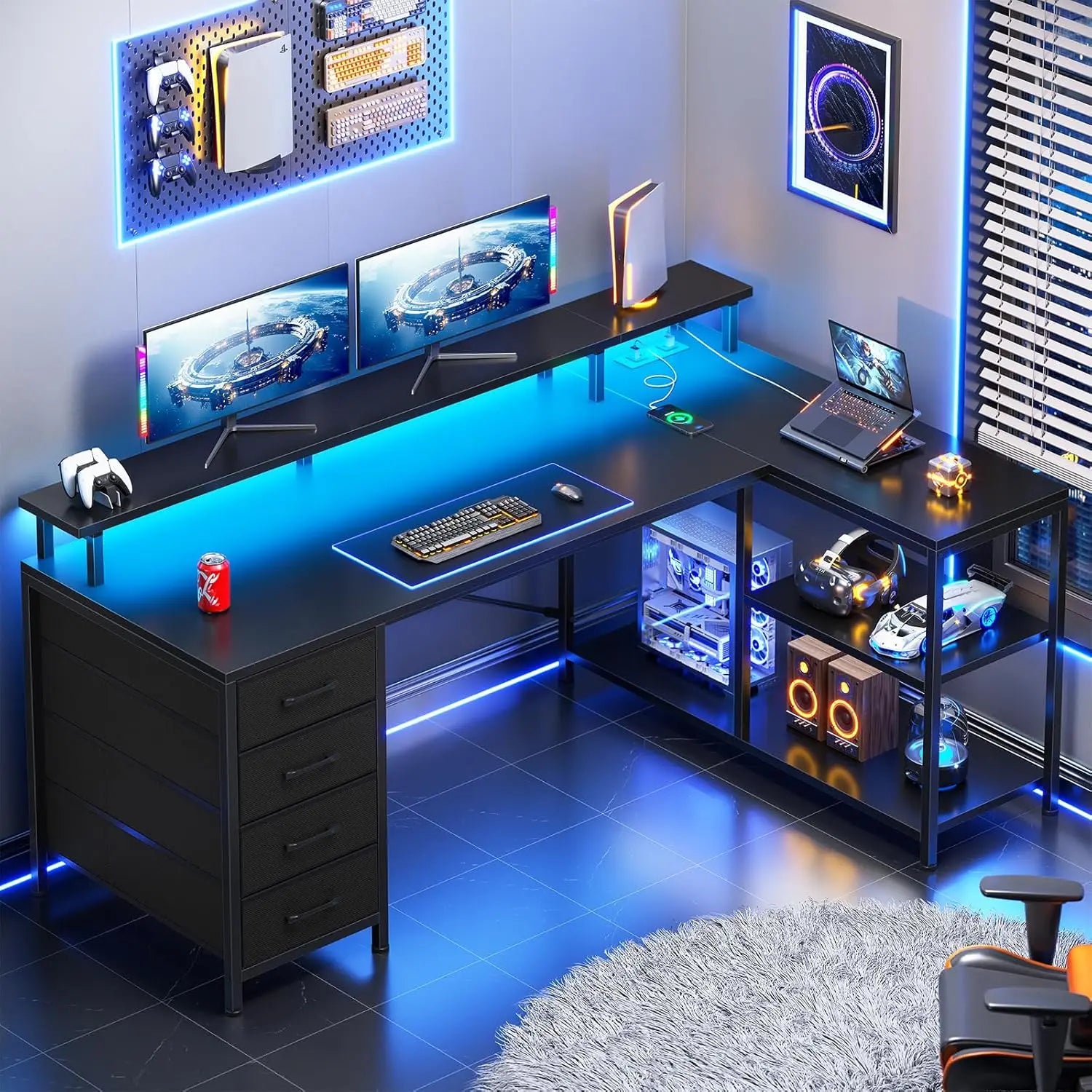 L Shaped Desk with 4 Drawers and Storage Shelves, L Shaped Gaming Desk with LED Lights & Power Outlets, Computer, Customized