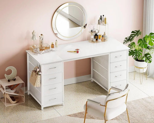 48 Inch White Computer Desk with 8 Fabric Drawers, Modern Office Desk with Large Storage for Home Office, Study, Gaming, White