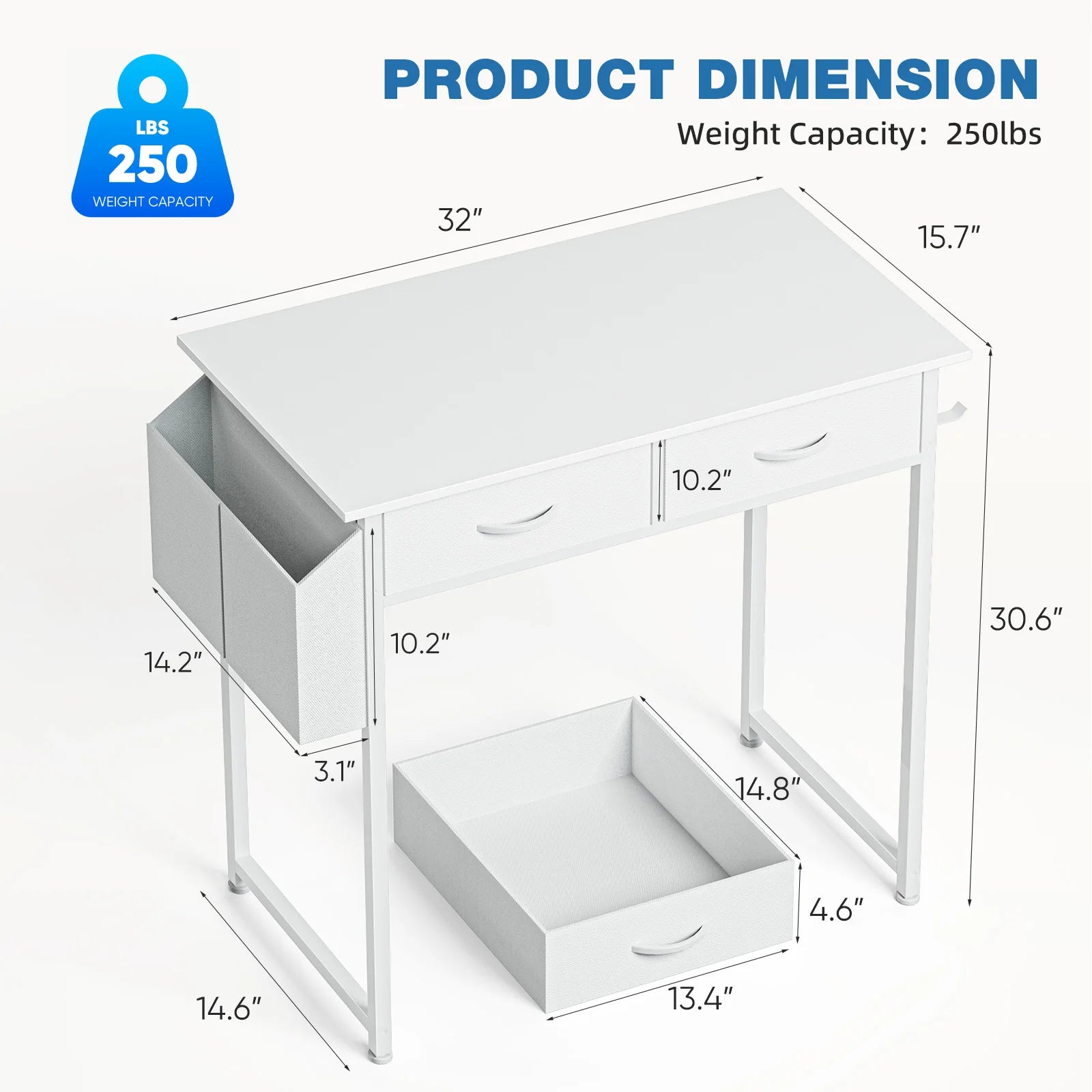 JHK 32 Inch Modern Office Computer Desk with Fabric Storage Drawers Space Side Bag Metal Frame Adjustable Feet For Home PC Table