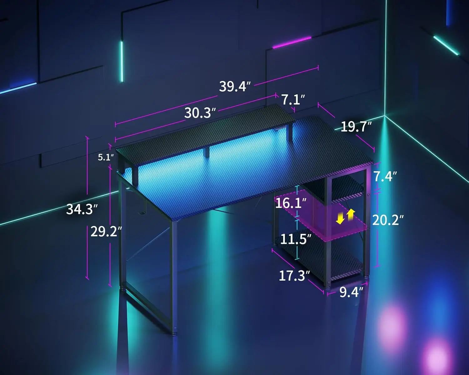 40-Inch Gaming Desk with LED Lights, Storage Shelf & Monitor Stand - Compact Carbon Fiber Design