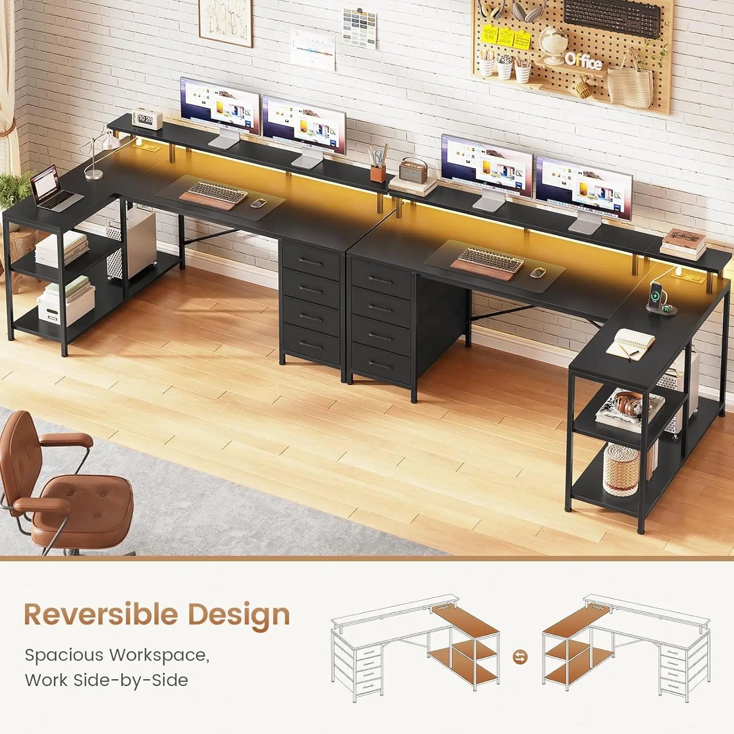 L Shaped Desk with 4 Drawers and Storage Shelves, L Shaped Gaming Desk with LED Lights & Power Outlets, Computer, Customized