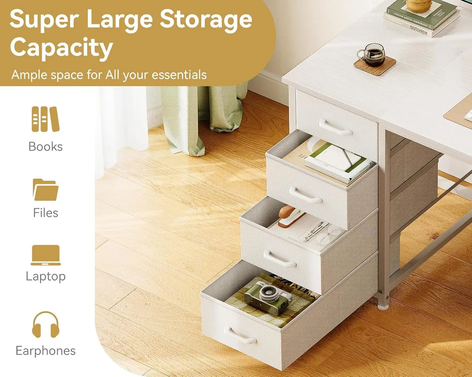 48 Inch White Computer Desk with 8 Fabric Drawers, Modern Office Desk with Large Storage for Home Office, Study, Gaming, White