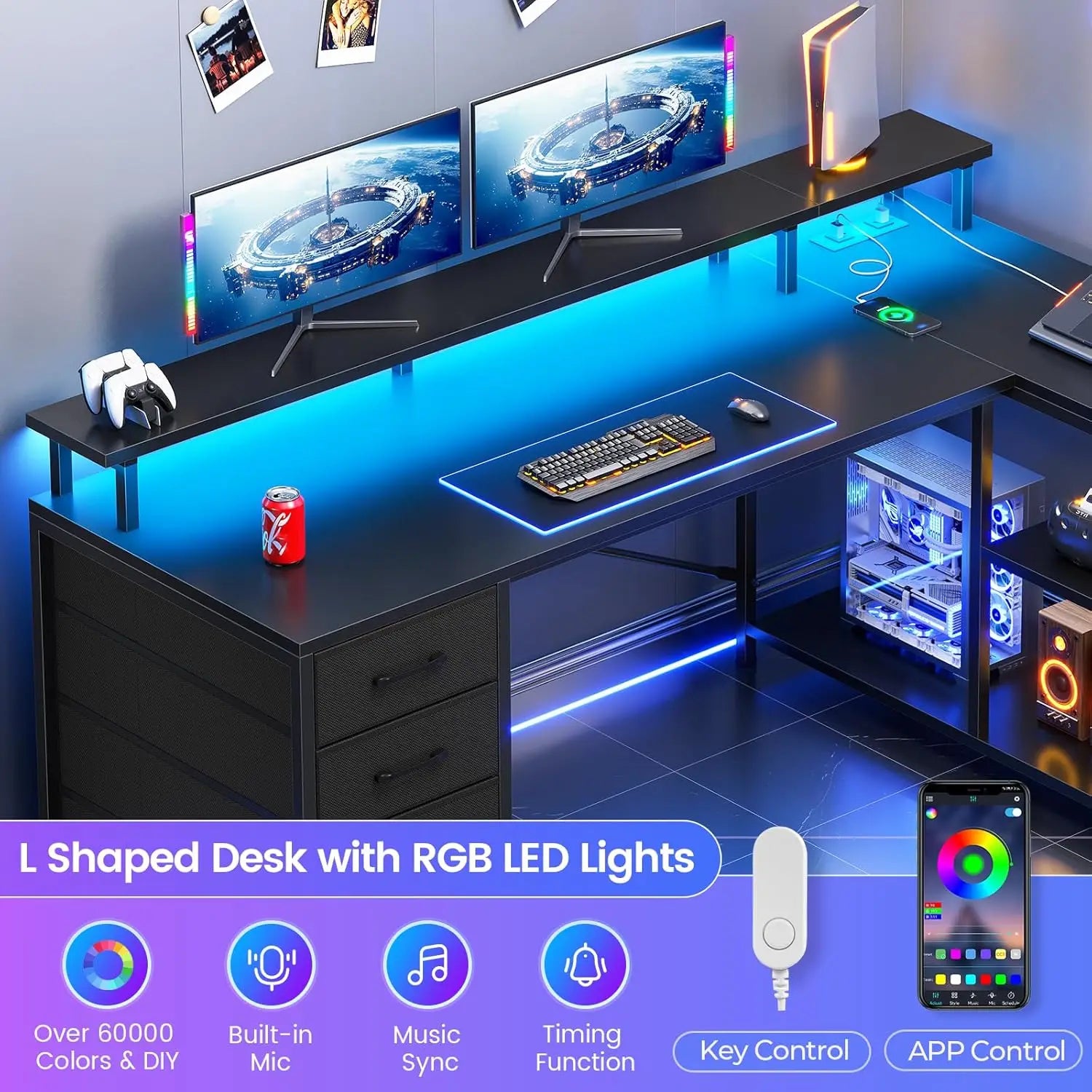 L Shaped Desk with 4 Drawers and Storage Shelves, L Shaped Gaming Desk with LED Lights & Power Outlets, Computer, Customized