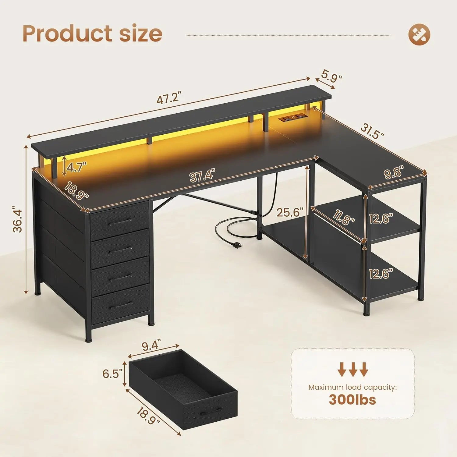L Shaped Desk with 4 Drawers and Storage Shelves, L Shaped Gaming Desk with LED Lights & Power Outlets, Computer, Customized