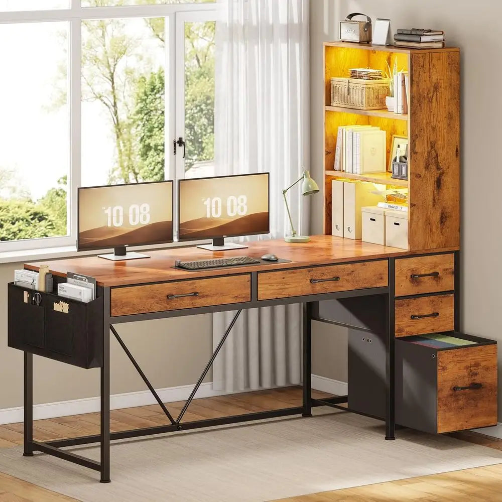 5-Drawer Rustic Brown Desk with Bookshelf and LED Lights, Compact Home Office Gaming Corner Desk with Storage Customized