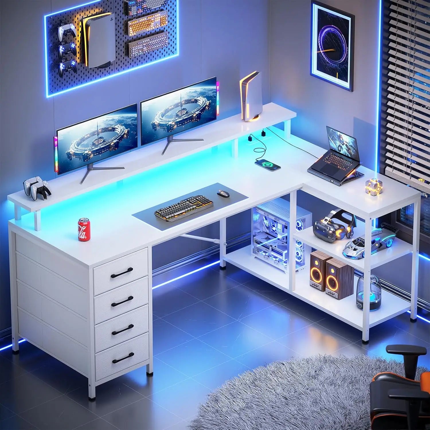 L Shaped Desk with 4 Drawers and Storage Shelves, L Shaped Gaming Desk with LED Lights & Power Outlets, Computer, Customized