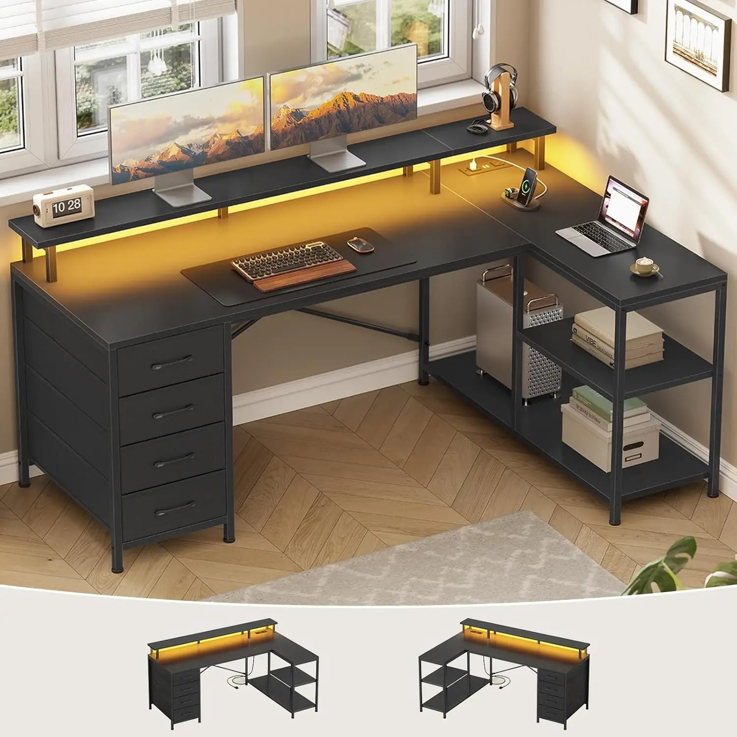 L Shaped Desk with 4 Drawers and Storage Shelves, L Shaped Gaming Desk with LED Lights & Power Outlets, Computer, Customized