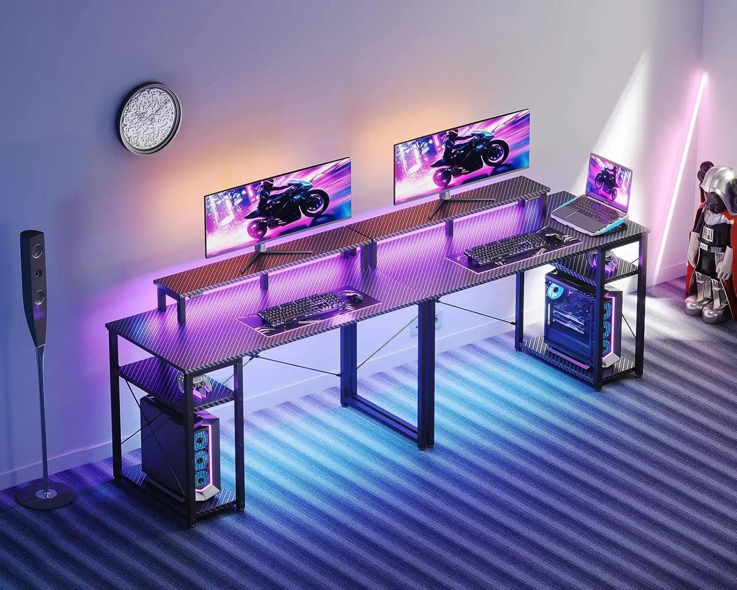 40-Inch Gaming Desk with LED Lights, Storage Shelf & Monitor Stand - Compact Carbon Fiber Design