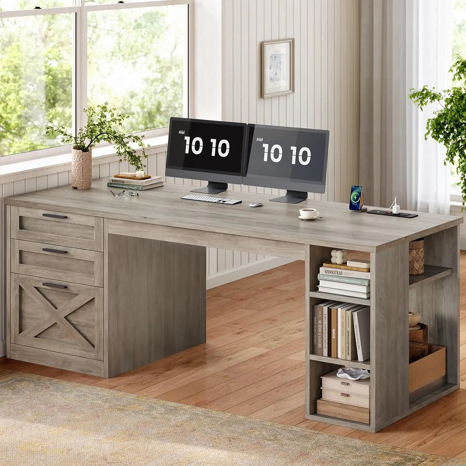 55.1" Executive Office Desk with 3 Drawers, Farmhouse Computer Desk with File Drawer & Storage Shelves, Home Office, Customized