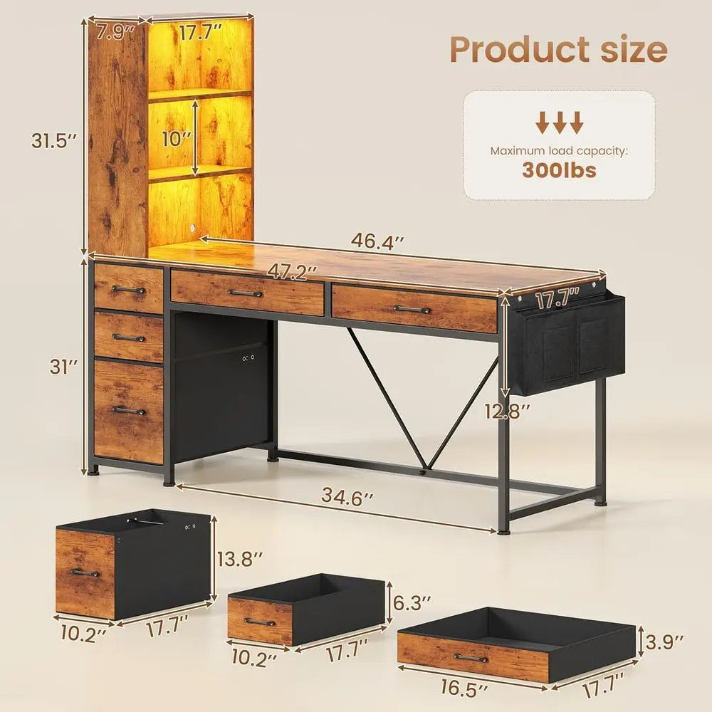 5-Drawer Rustic Brown Desk with Bookshelf and LED Lights, Compact Home Office Gaming Corner Desk with Storage Customized