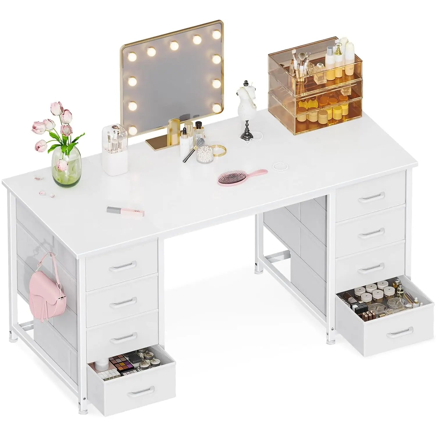 48 Inch White Computer Desk with 8 Fabric Drawers, Modern Office Desk with Large Storage for Home Office, Study, Gaming, White