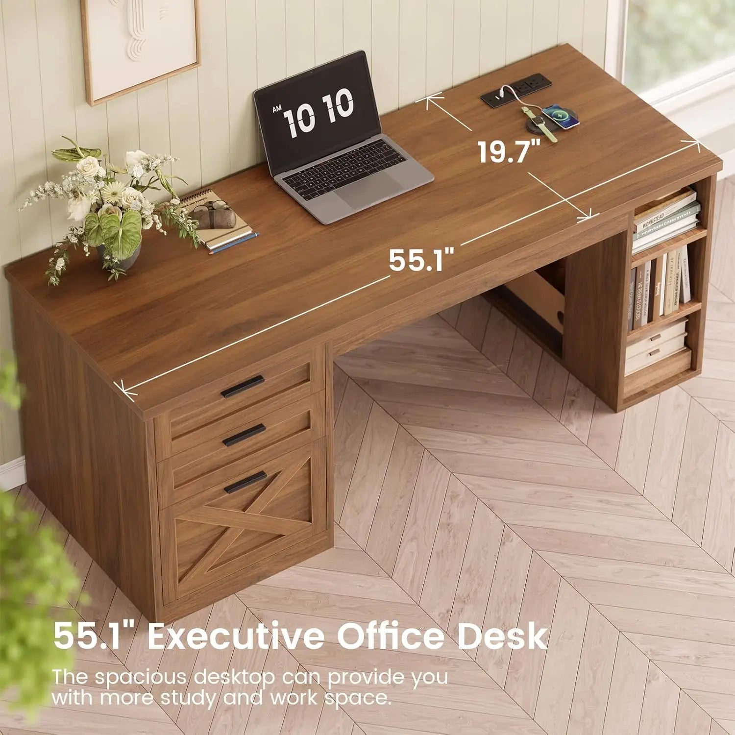 55.1" Executive Office Desk with 3 Drawers, Farmhouse Computer Desk with File Drawer & Storage Shelves, Home Office, Customized
