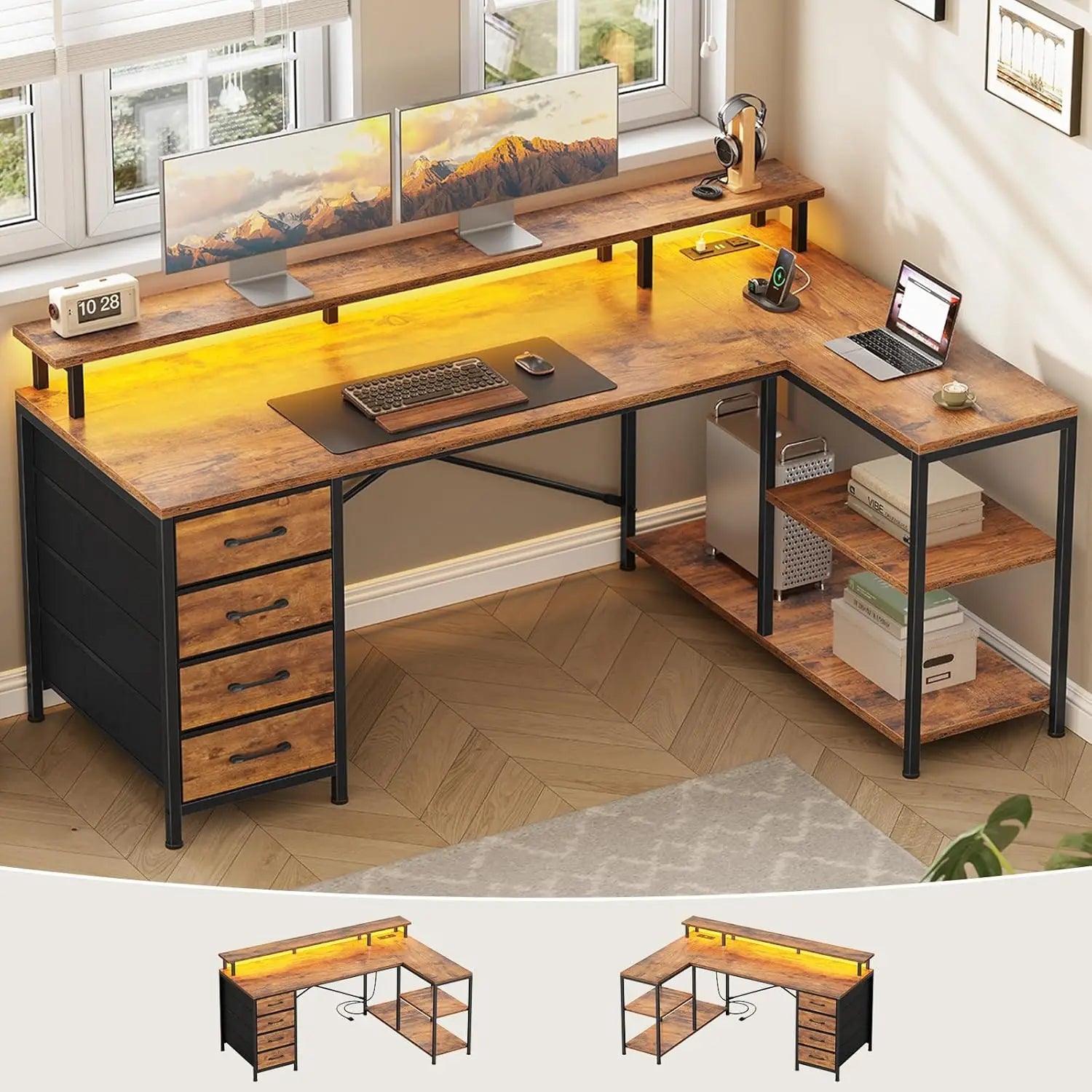 L Shaped Desk with 4 Drawers and Storage Shelves, L Shaped Gaming Desk with LED Lights & Power Outlets, Computer, Customized