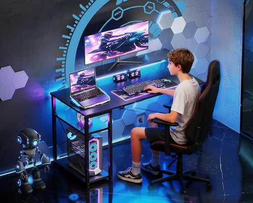 40-Inch Gaming Desk with LED Lights, Storage Shelf & Monitor Stand - Compact Carbon Fiber Design